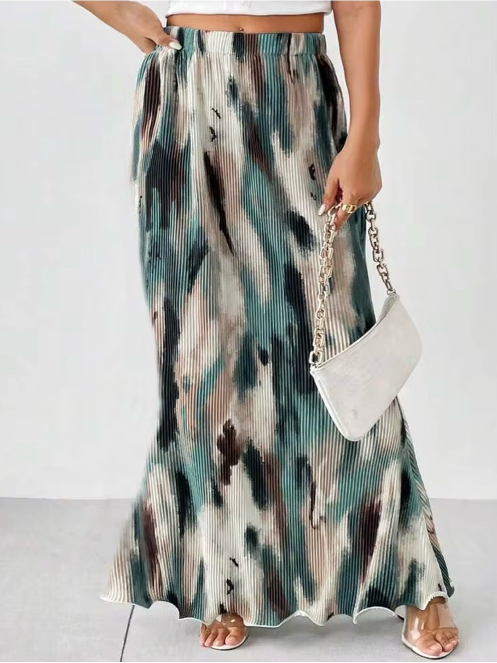 Tie-Dye Pleated Maxi mermaid Skirt - Green Multi